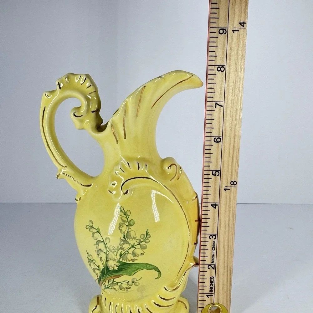 Yellow Ceramic Ewer‎ Pitcher Vase Ornate Floral Scrollwork Rococo Cottage Decor
